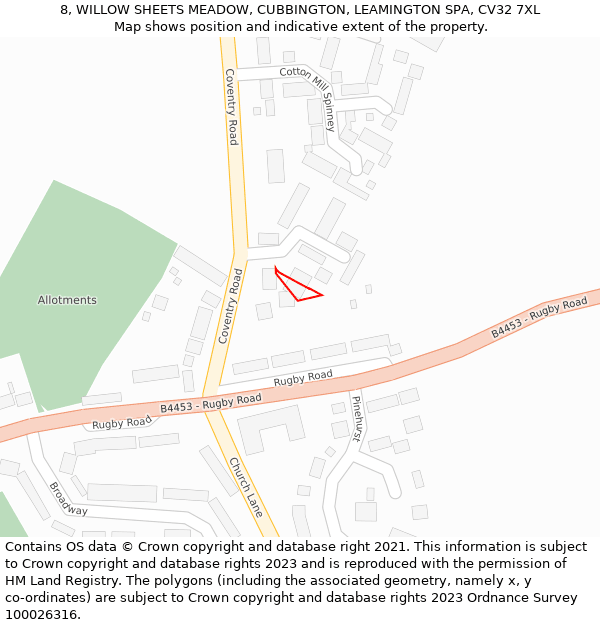 8, WILLOW SHEETS MEADOW, CUBBINGTON, LEAMINGTON SPA, CV32 7XL: Location map and indicative extent of plot