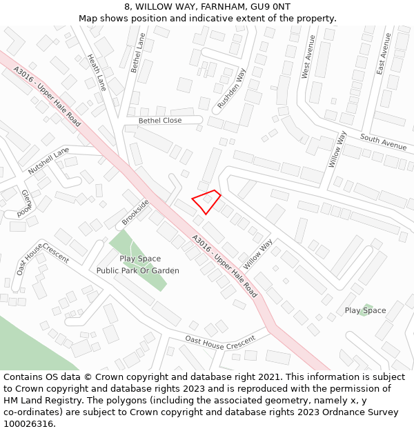 8, WILLOW WAY, FARNHAM, GU9 0NT: Location map and indicative extent of plot