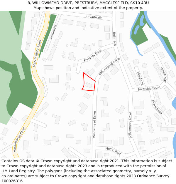 8, WILLOWMEAD DRIVE, PRESTBURY, MACCLESFIELD, SK10 4BU: Location map and indicative extent of plot