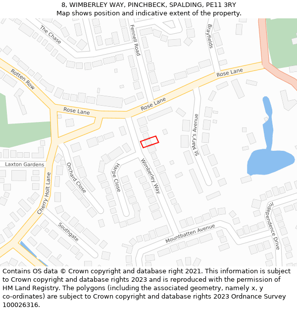 8, WIMBERLEY WAY, PINCHBECK, SPALDING, PE11 3RY: Location map and indicative extent of plot