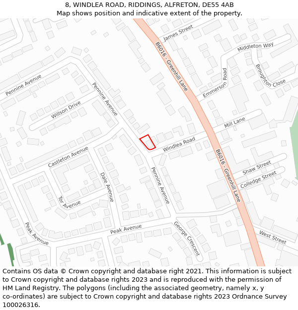 8, WINDLEA ROAD, RIDDINGS, ALFRETON, DE55 4AB: Location map and indicative extent of plot