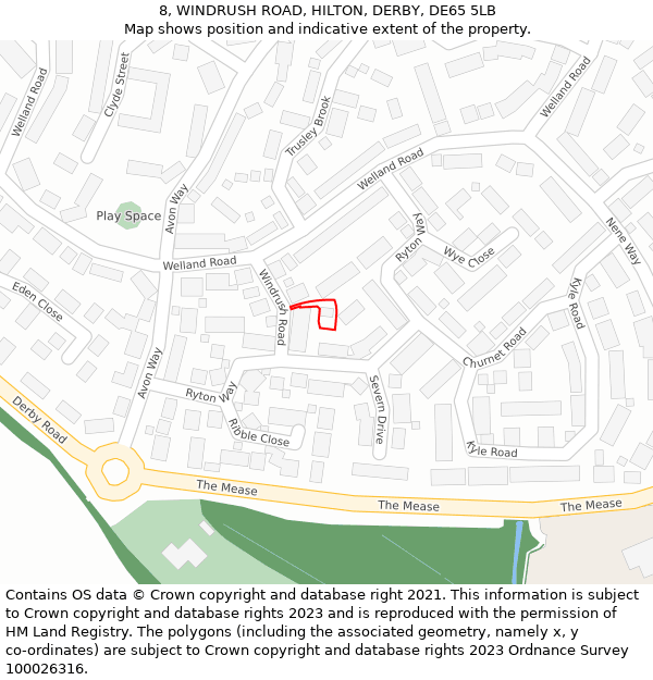 8, WINDRUSH ROAD, HILTON, DERBY, DE65 5LB: Location map and indicative extent of plot