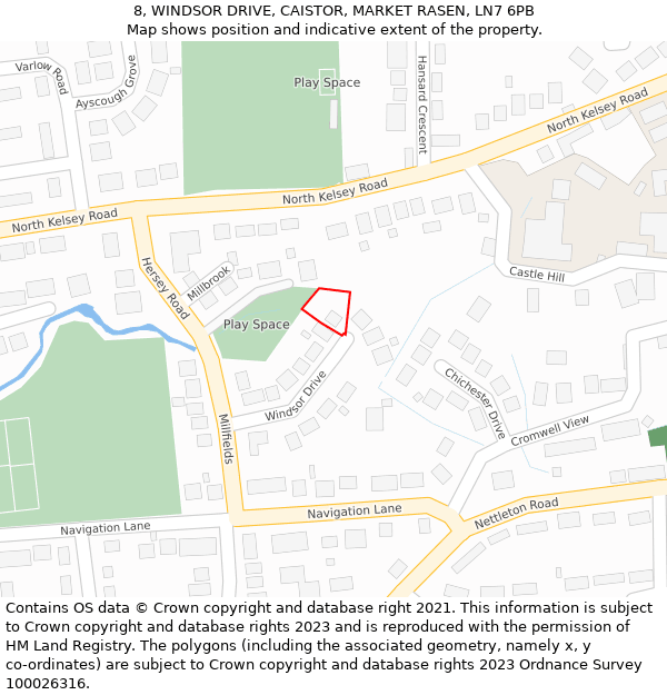 8, WINDSOR DRIVE, CAISTOR, MARKET RASEN, LN7 6PB: Location map and indicative extent of plot