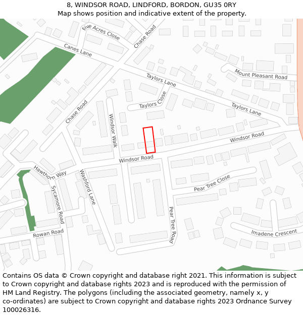 8, WINDSOR ROAD, LINDFORD, BORDON, GU35 0RY: Location map and indicative extent of plot