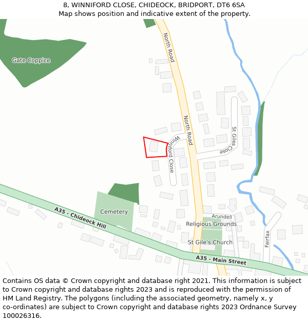 8, WINNIFORD CLOSE, CHIDEOCK, BRIDPORT, DT6 6SA: Location map and indicative extent of plot