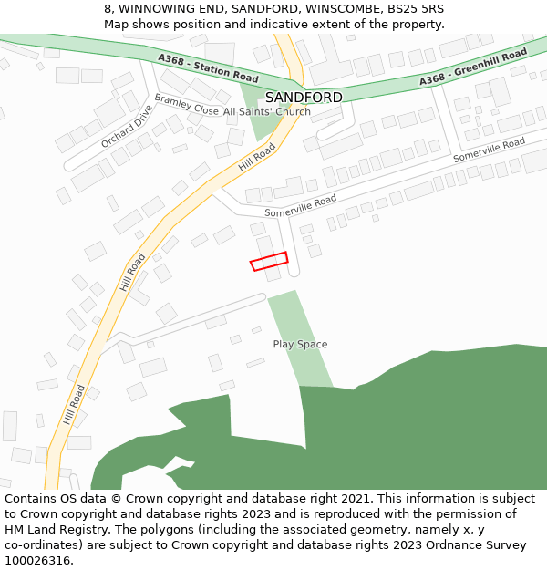 8, WINNOWING END, SANDFORD, WINSCOMBE, BS25 5RS: Location map and indicative extent of plot