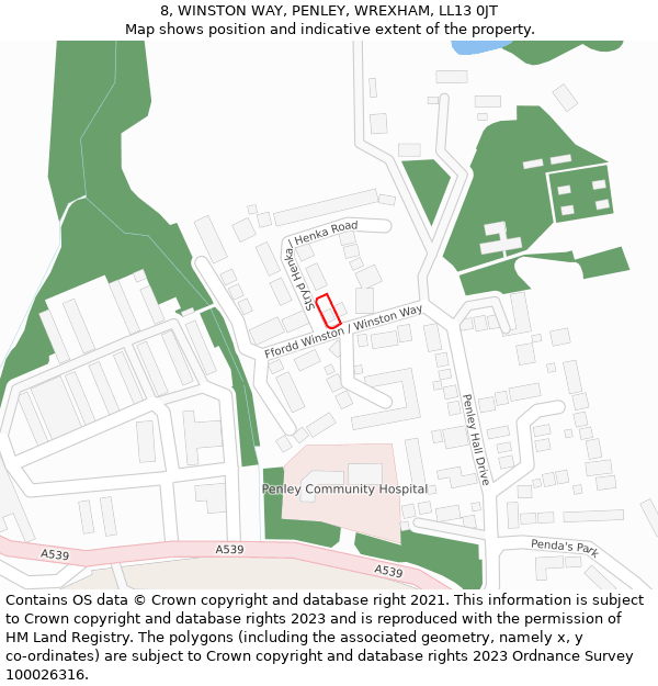 8, WINSTON WAY, PENLEY, WREXHAM, LL13 0JT: Location map and indicative extent of plot