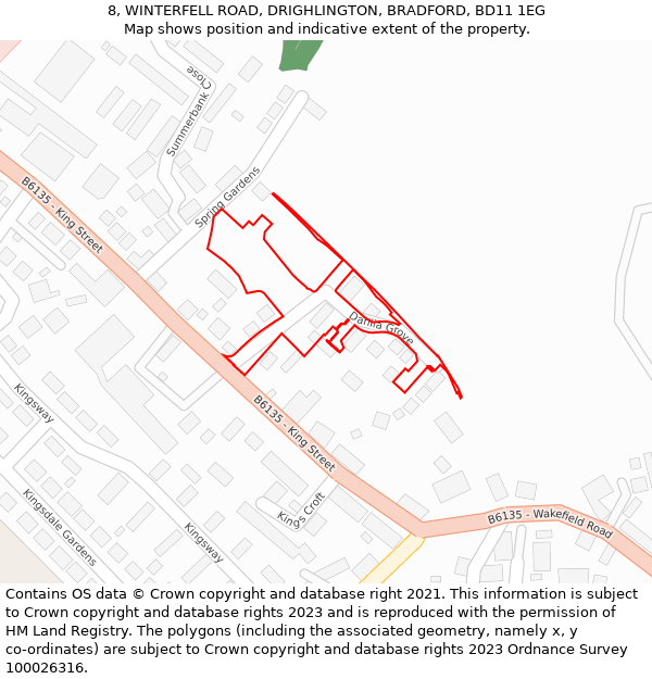 8, WINTERFELL ROAD, DRIGHLINGTON, BRADFORD, BD11 1EG: Location map and indicative extent of plot