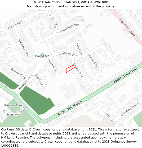 8, WITHAM CLOSE, STANDISH, WIGAN, WN6 0RD: Location map and indicative extent of plot