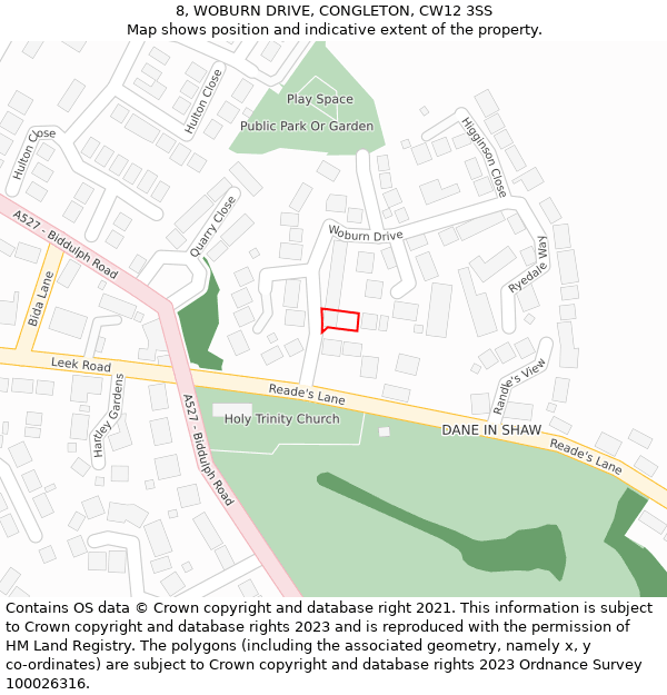 8, WOBURN DRIVE, CONGLETON, CW12 3SS: Location map and indicative extent of plot