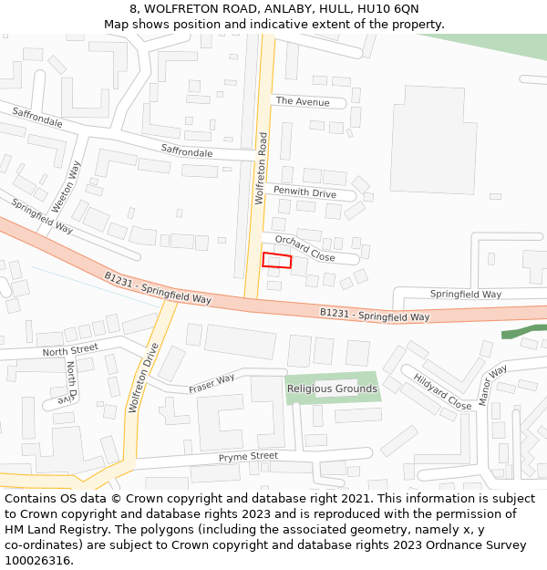 8, WOLFRETON ROAD, ANLABY, HULL, HU10 6QN: Location map and indicative extent of plot