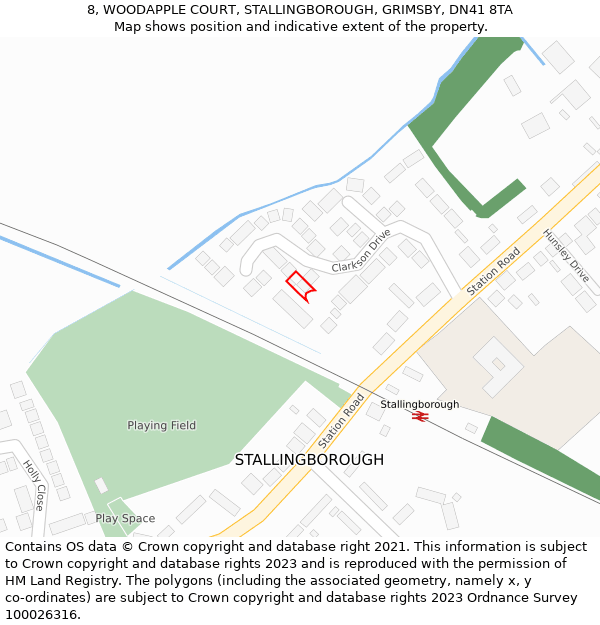 8, WOODAPPLE COURT, STALLINGBOROUGH, GRIMSBY, DN41 8TA: Location map and indicative extent of plot