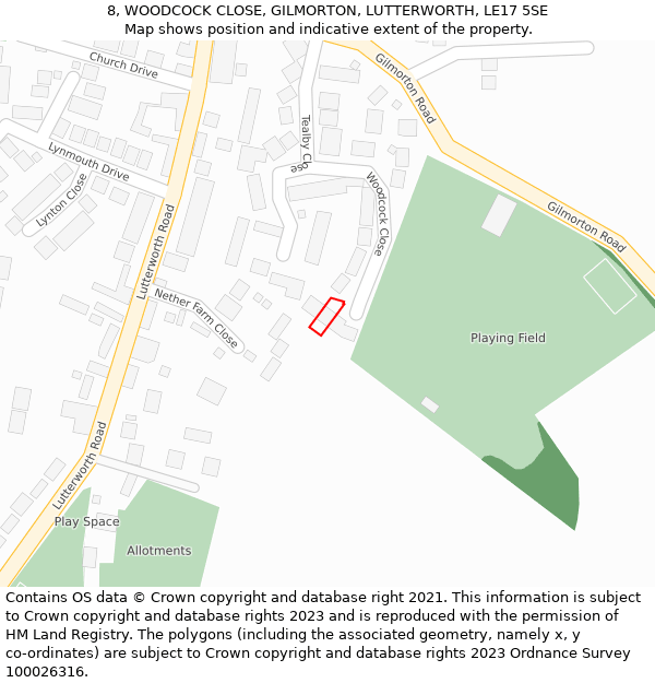 8, WOODCOCK CLOSE, GILMORTON, LUTTERWORTH, LE17 5SE: Location map and indicative extent of plot