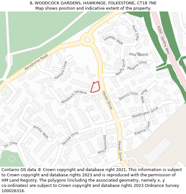 8, WOODCOCK GARDENS, HAWKINGE, FOLKESTONE, CT18 7NE: Location map and indicative extent of plot