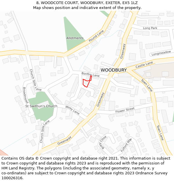 8, WOODCOTE COURT, WOODBURY, EXETER, EX5 1LZ: Location map and indicative extent of plot