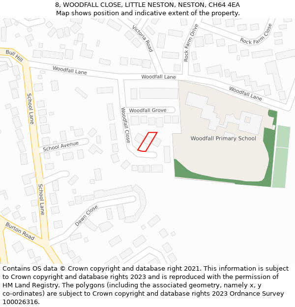 8, WOODFALL CLOSE, LITTLE NESTON, NESTON, CH64 4EA: Location map and indicative extent of plot