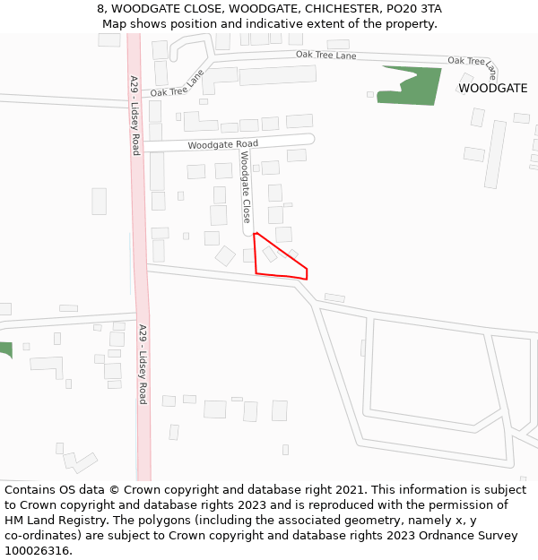 8, WOODGATE CLOSE, WOODGATE, CHICHESTER, PO20 3TA: Location map and indicative extent of plot