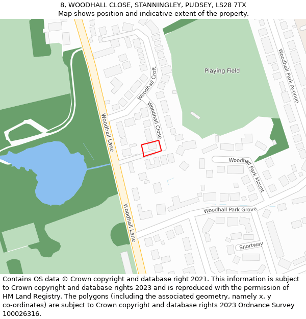 8, WOODHALL CLOSE, STANNINGLEY, PUDSEY, LS28 7TX: Location map and indicative extent of plot