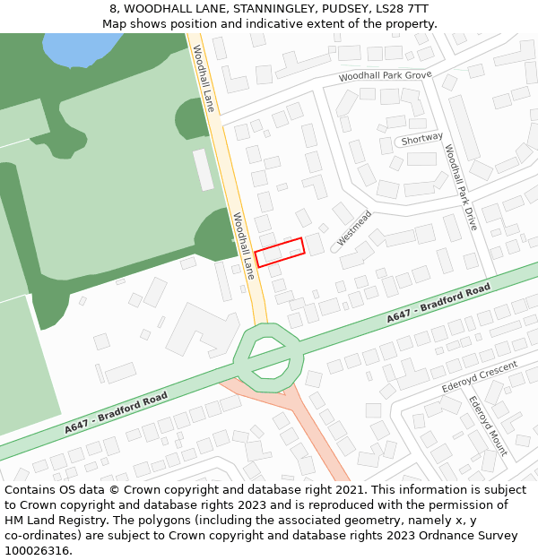 8, WOODHALL LANE, STANNINGLEY, PUDSEY, LS28 7TT: Location map and indicative extent of plot