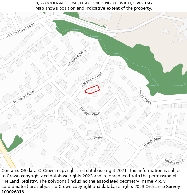 8, WOODHAM CLOSE, HARTFORD, NORTHWICH, CW8 1SG: Location map and indicative extent of plot