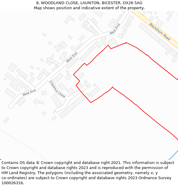 8, WOODLAND CLOSE, LAUNTON, BICESTER, OX26 5AG: Location map and indicative extent of plot