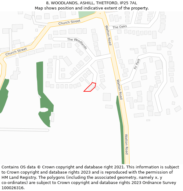 8, WOODLANDS, ASHILL, THETFORD, IP25 7AL: Location map and indicative extent of plot