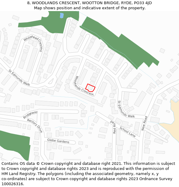 8, WOODLANDS CRESCENT, WOOTTON BRIDGE, RYDE, PO33 4JD: Location map and indicative extent of plot