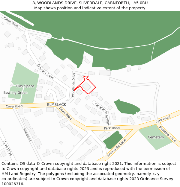 8, WOODLANDS DRIVE, SILVERDALE, CARNFORTH, LA5 0RU: Location map and indicative extent of plot