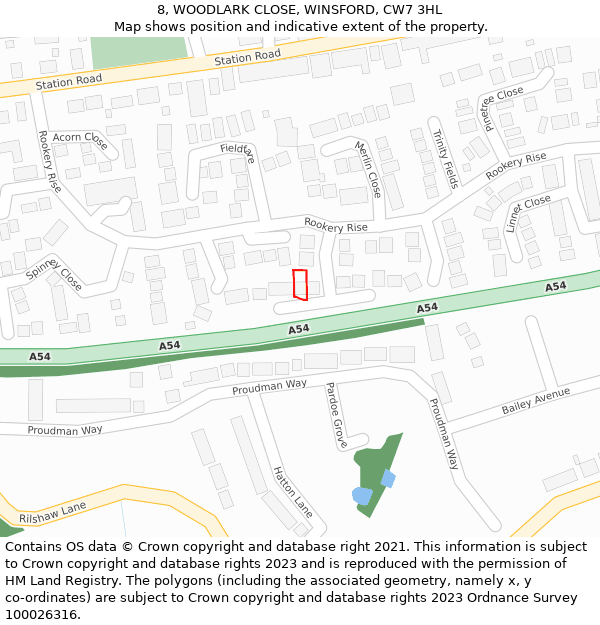 8, WOODLARK CLOSE, WINSFORD, CW7 3HL: Location map and indicative extent of plot