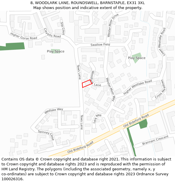 8, WOODLARK LANE, ROUNDSWELL, BARNSTAPLE, EX31 3XL: Location map and indicative extent of plot