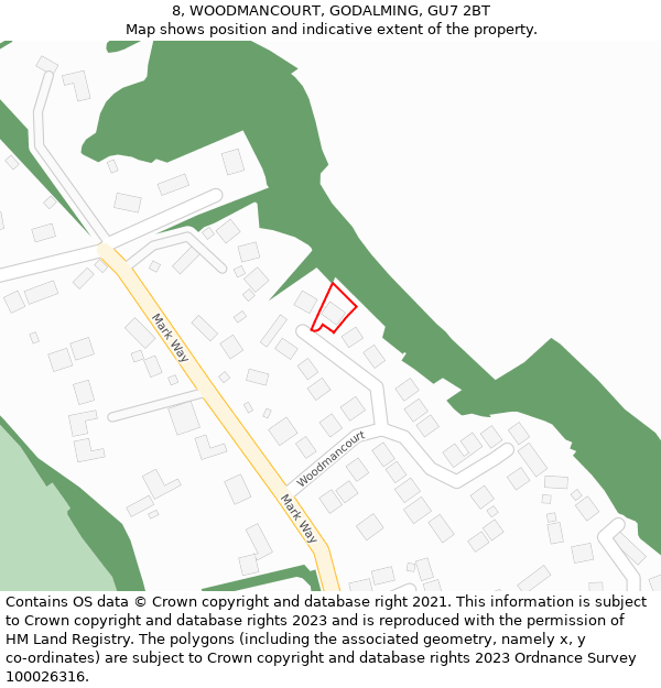 8, WOODMANCOURT, GODALMING, GU7 2BT: Location map and indicative extent of plot