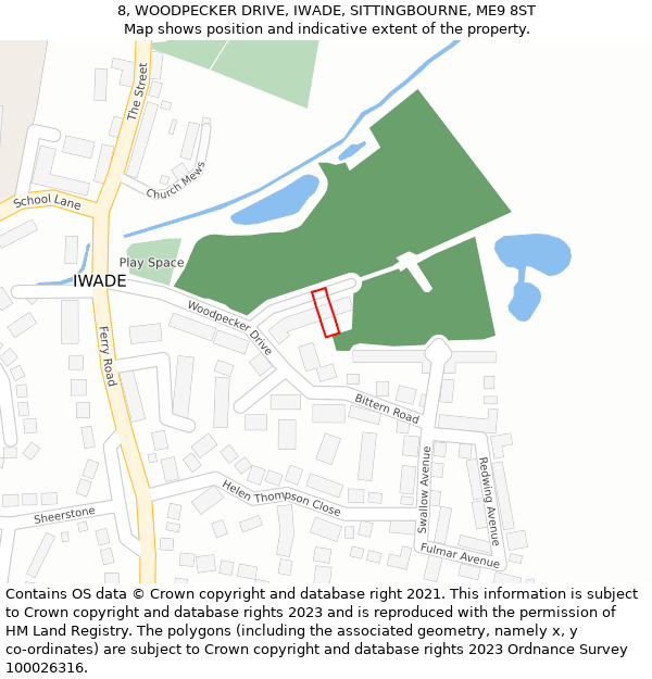 8, WOODPECKER DRIVE, IWADE, SITTINGBOURNE, ME9 8ST: Location map and indicative extent of plot
