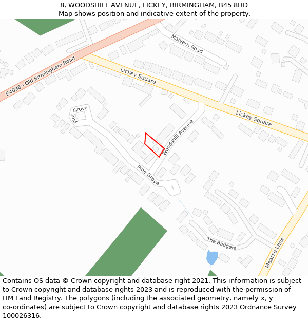 8, WOODSHILL AVENUE, LICKEY, BIRMINGHAM, B45 8HD: Location map and indicative extent of plot
