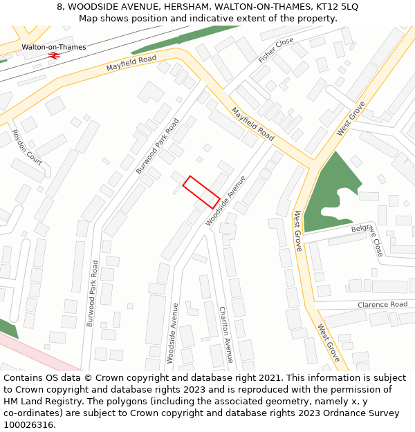8, WOODSIDE AVENUE, HERSHAM, WALTON-ON-THAMES, KT12 5LQ: Location map and indicative extent of plot