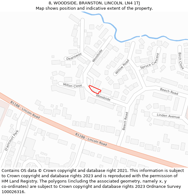 8, WOODSIDE, BRANSTON, LINCOLN, LN4 1TJ: Location map and indicative extent of plot