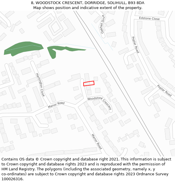 8, WOODSTOCK CRESCENT, DORRIDGE, SOLIHULL, B93 8DA: Location map and indicative extent of plot