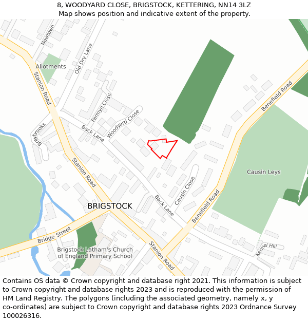 8, WOODYARD CLOSE, BRIGSTOCK, KETTERING, NN14 3LZ: Location map and indicative extent of plot