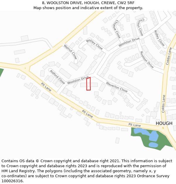 8, WOOLSTON DRIVE, HOUGH, CREWE, CW2 5RF: Location map and indicative extent of plot