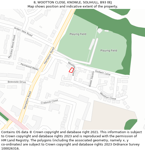 8, WOOTTON CLOSE, KNOWLE, SOLIHULL, B93 0EJ: Location map and indicative extent of plot