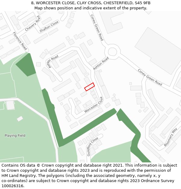 8, WORCESTER CLOSE, CLAY CROSS, CHESTERFIELD, S45 9FB: Location map and indicative extent of plot