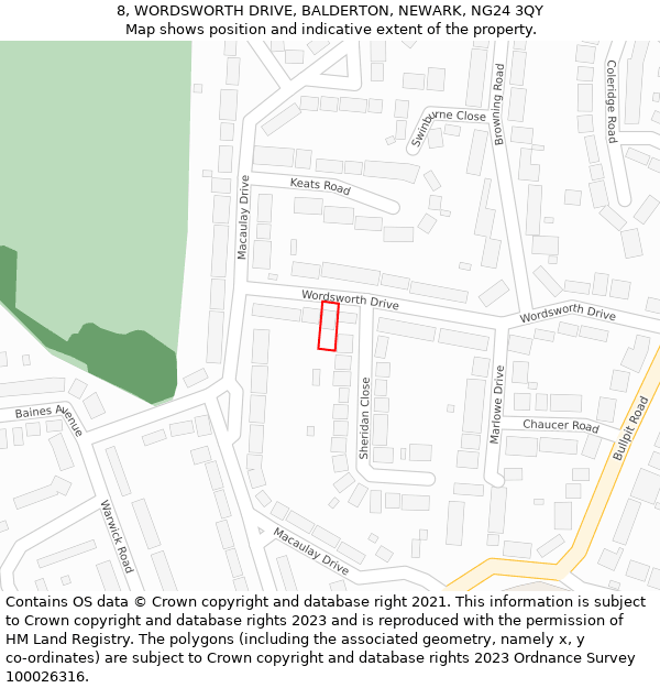 8, WORDSWORTH DRIVE, BALDERTON, NEWARK, NG24 3QY: Location map and indicative extent of plot