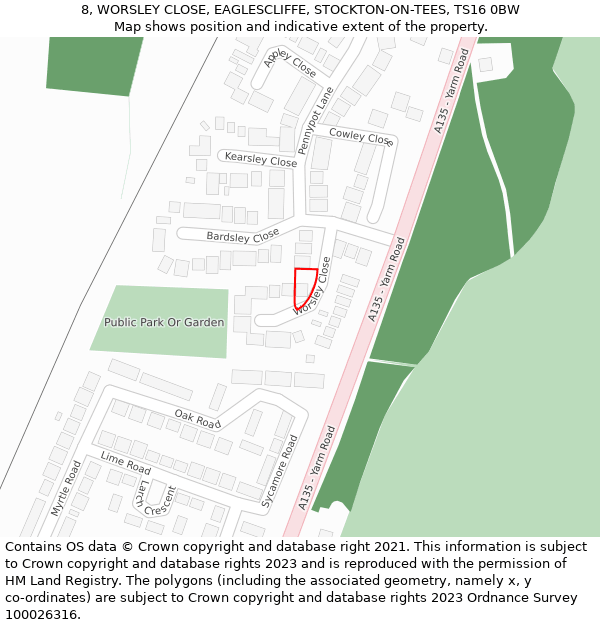 8, WORSLEY CLOSE, EAGLESCLIFFE, STOCKTON-ON-TEES, TS16 0BW: Location map and indicative extent of plot