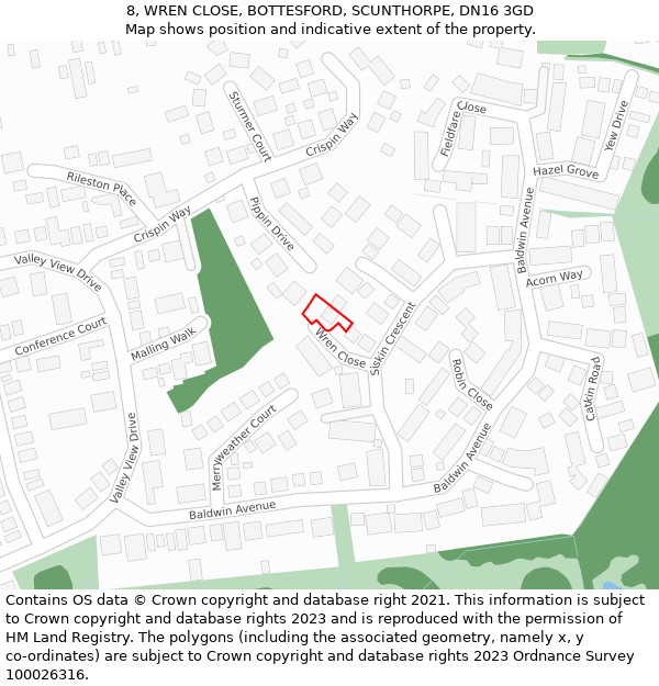 8, WREN CLOSE, BOTTESFORD, SCUNTHORPE, DN16 3GD: Location map and indicative extent of plot