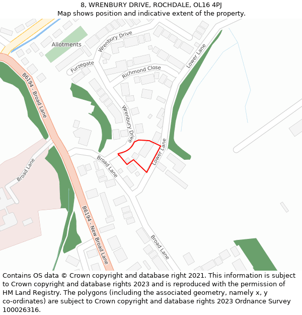 8, WRENBURY DRIVE, ROCHDALE, OL16 4PJ: Location map and indicative extent of plot