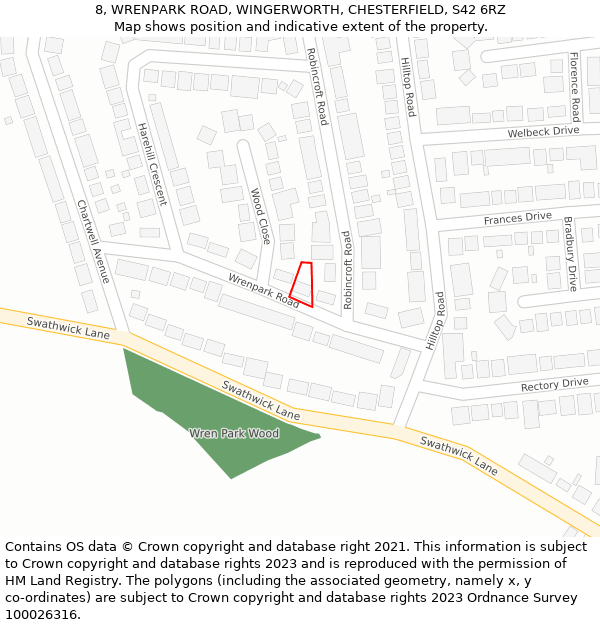 8, WRENPARK ROAD, WINGERWORTH, CHESTERFIELD, S42 6RZ: Location map and indicative extent of plot