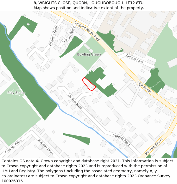 8, WRIGHTS CLOSE, QUORN, LOUGHBOROUGH, LE12 8TU: Location map and indicative extent of plot