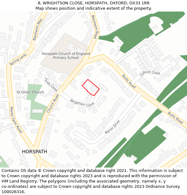 8, WRIGHTSON CLOSE, HORSPATH, OXFORD, OX33 1RR: Location map and indicative extent of plot