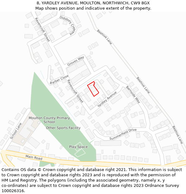 8, YARDLEY AVENUE, MOULTON, NORTHWICH, CW9 8GX: Location map and indicative extent of plot