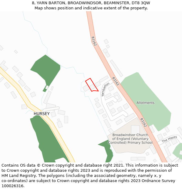 8, YARN BARTON, BROADWINDSOR, BEAMINSTER, DT8 3QW: Location map and indicative extent of plot