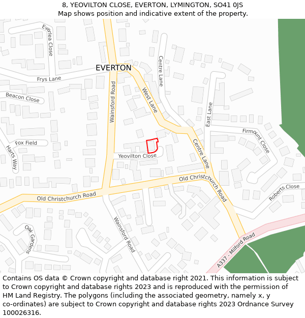 8, YEOVILTON CLOSE, EVERTON, LYMINGTON, SO41 0JS: Location map and indicative extent of plot